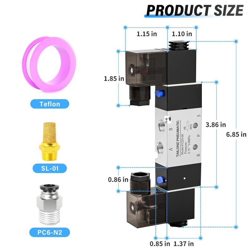 TAILONZ PNEUMATIC Solenoid Valve 4V220-08 DC12V 1/4"NPT Double Coil Pilot-Operated