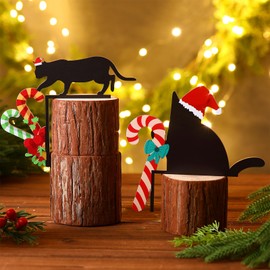 Wesiti 2 Pcs Christmas Door Topper Black Cat Candy Cane Decor Funny Door Corner Sign Decor Home Wooden Christmas Cabinet Knob Covers Party Ornament Props Gift for Wall Window DIY