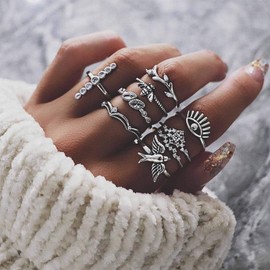 TseenYi Boho Vintage Rings Set Silver Leaf Evil Eye Knuckle Rings Retro Finger Rings Stackable Midi Joint Rings for Women and Girls
