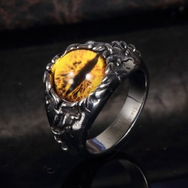 HIJONES Men's Stainless Steel Gothic Biker Dragon Demon Eye Ring Yellow Gemstone Size T