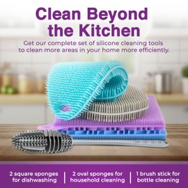 Esponja de silicona para platos, paquete de 5 unidades, 4 esponjas de doble cara + 1 cepillo para polvo para botella de silicona, esponja de silicona de grado alimenticio para platos y secaplanamiento en casa, esponjas de cocina sin BPA