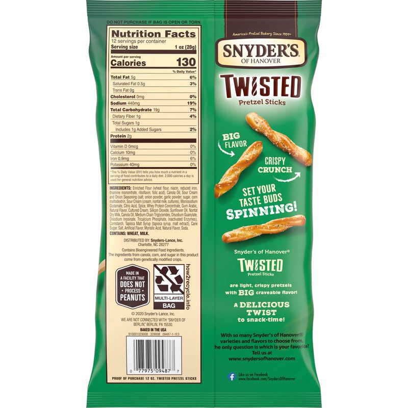 Snyder's Sour Cream & Onion Twisted Pretzels 12oz (Bag of