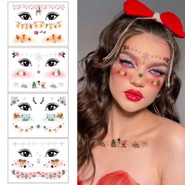 10 Sheets Christmas Face Stickers Cute Elk Deer Snowflake Snowman Temporary Tattoo Waterproof Self-adhesive Face Sticker Winter Xmas Face Body Decal Stage Carnival Makeup Party Face Decoration