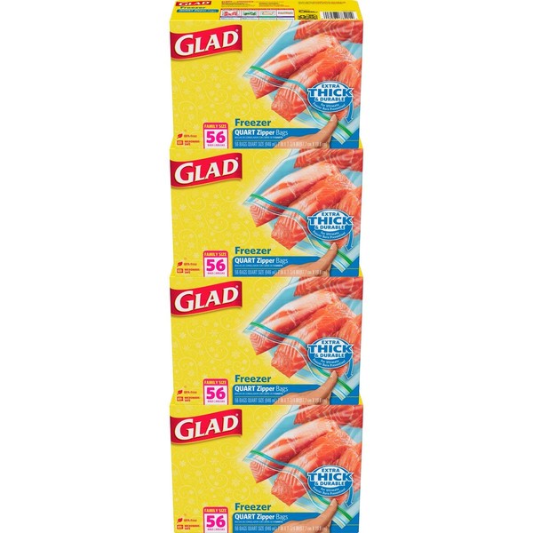 GLAD Food Storage & Freezer Bags, Freezer Bags with Zipper for Lasting Freshness, Food Storage Bags, Quart Disposable, 56 Count (Pack of 4)