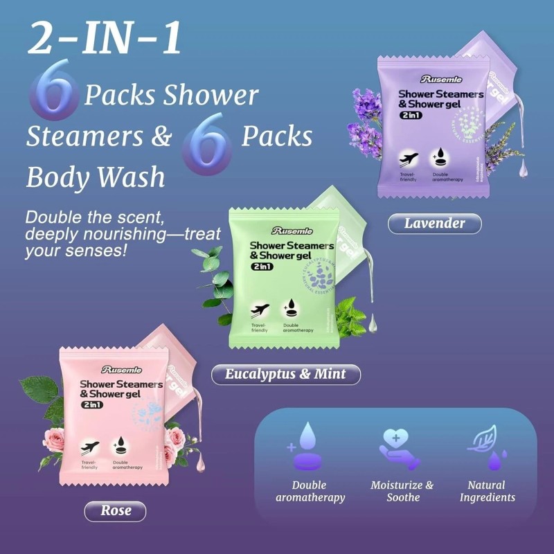 RUSEMLE Shower Steamers Aromatherapy 6 Pack, 2-in-1 Shower Steamers and