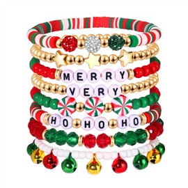 Christmas Bracelets for Women MERRY HOHOHO Beads Bracelets Polymer Clay Adjustable Stretch Bracelets Preppy Heishi Bracelets Bell Christmas Trees Bracelets Friendship Holiday Jewelry Gifts (Bell 8PCS)