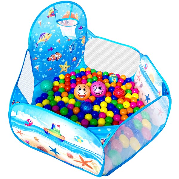 KingBee Ball Pit Pop Up Children Play Tent, Ocean Pool Baby Toddler Playpen with Basketball Hoop - Toys Gifts for Kids Girls Boys 3 4 5 6 Year Old - Balls Not Included (Blue)