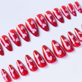 Medium Press on Nails Almond Fake Nails Heart with Glitter Design Red False Nails Acrylic Full Cover Artificial Nails Glossy Glue on Nails Stick on Nails for Women Manicure Art 24Pcs