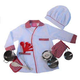 Making Believe Kids Red/White Chef Jacket & Hat Play Set - 9 Piece Miniature Stainless Steel Pan Set, Size 6-8