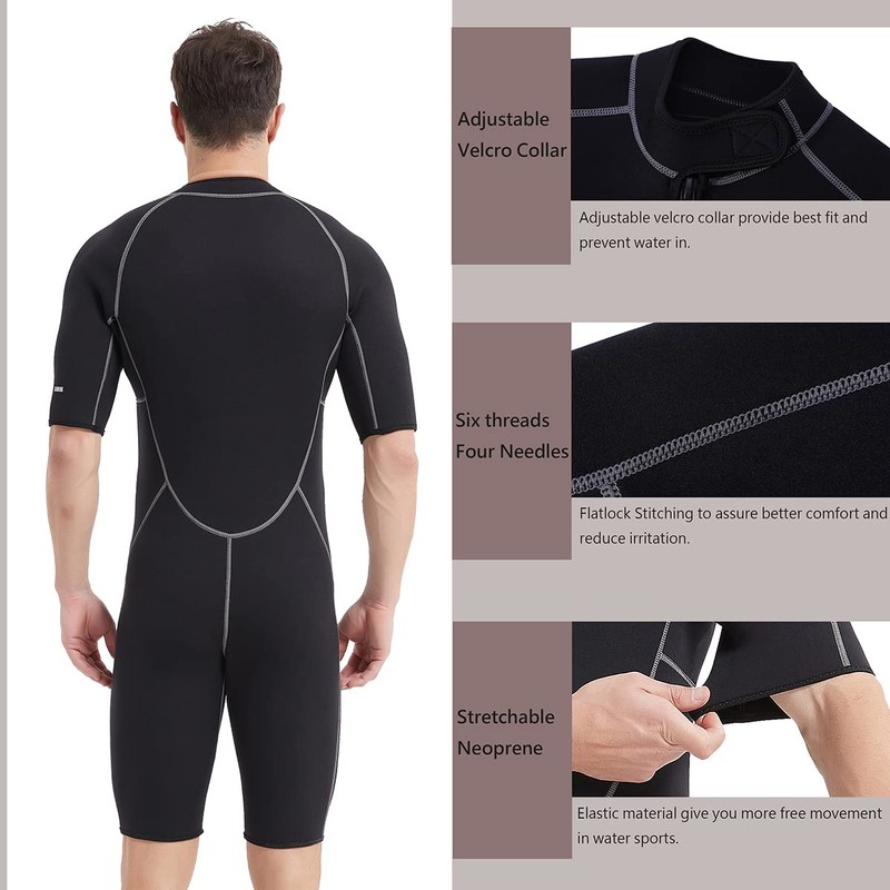 Lemorecn Wetsuits Mens Front Zip Neoprene 3mm Shorty Diving Suit(CA3016black-S)