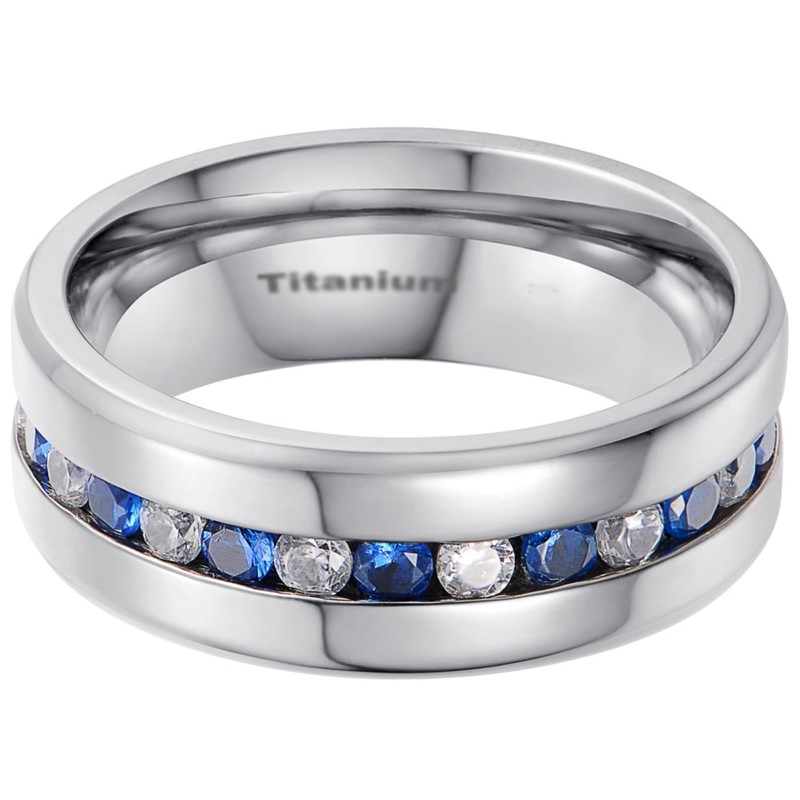 BESTTOHAVE Mens Titanium Ring With Blue Sapphire CZ Classic Wedding