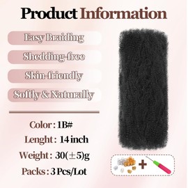Afro Kinky Curly Braiding Bulk Hair for Mini Twists Afro Kinkys Bulk Synthetic Hair Cuban Twist Hair Soft Locs Micro Spring Twist for Dreadlocks Loc Repair (1B#, 14 Inch (Pack of 3))