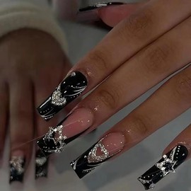 MISUD Presione Sobre Uñas Uñas Falsas Cuadradas Largas Pegamento Brillante En Uñas Negro Punta Francesa Uñas Acrílicas Squoval Uñas Artificiales Estrella Rhinestone Palo En Uñas Postizas Con Diseño 24