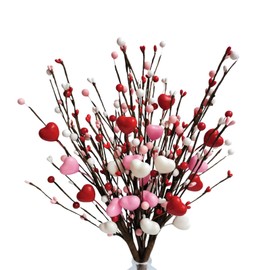 ANROUIN 4 Pcs Artificial Red Berry Flower Heart Shaped Red Berry Branches Valentine's Day Decoration red Heart Picks Stems for Gifts Wedding Party Home Vase Decor Berries twig (Red, Pink, White)