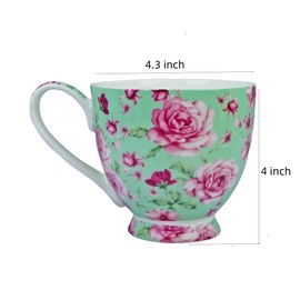 YUESITE 16oz Bone China Coffee Mugs for Women Mugs Flora Coffee Tea Cups Novetly Coffee Cups Gift for Women Mom Friends (green rose)