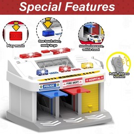 Rescue Station Kids Playset, Kids Toys for 3 4 5 6 Years Old Boys,3-Bay Parking Garage Toy Set Fire Truck,Ambulance,Police Car, Emergency Vehicle Toys with Sound and Flashing Light for Kids Ages 3+