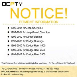 OCPTY Replacement 1Pcs Remotes Key Fob for Dodge Dakota Durango Ram 1500 for Jeep Cherokee Grand Cherokee for Dodge Ram 2500 3500 1999-2004 GQ43VT9T 56045497 04686366 05014736 56036859