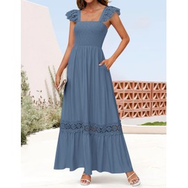ZESICA Women's 2025 Summer Lace Strap Sleeveless Square Neck Smocked High Waist Ruffle Hollow Out Flowy A Line Maxi Dress,Dustyblue,Medium
