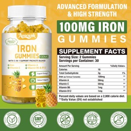 Iron Gummies 100mg – With Vitamins C, A & B – Supports Iron Deficiency, Immune Health & Energy – For Women, Men & Kids – Pineapple Flavor, Non-GMO – 60 Count (1 Pack)