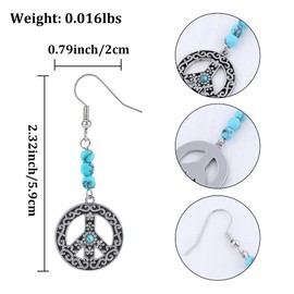 Bohemian Peace Sign Dangle Earrings for Women, Vintage Silver-Tone Drop Earrings with Turquoise Beads, Retro Hippie Symbol Jewelry for Free-Spirited & Festival Fashion