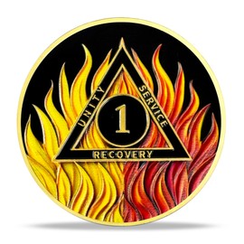 1 Year Sobriety Coin Gifts | Yellow and Red Fire AA Coin - NA HA AA Chip Medallion with Serenity Prayer | Narcotics Alcoholics Anonymous Gifts for Anniversary Month & Year for Men & Women in Recovery