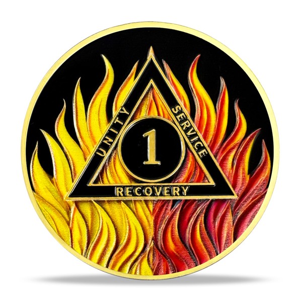 1 Year Sobriety Coin Gifts | Yellow and Red Fire