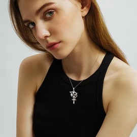 UNIFT Eye of Horus Ankh Cross Necklace for Women Men Stainless Steel Ancient Egyptian Eye of Horus with Egyptian Life Sign Ankh Cross | Double Wing Pendant Necklace Amulet Jewelry (silver)