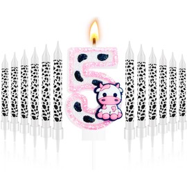 13 Pcs Cow Themed Birthday Candles - 0 to 9 Pink Cow Number Candle & Cow Print Candles, Cowgirl Theme Candle for Girls Birthday Party Decor, Holy Cow Im One Birthday Decorations (Number 5)