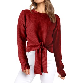 Okiwam Women's Long Sleeve Crew Neck Wrap Pullover Solid Color Cable Knit Sweater 2025 Fall Casual Jumper Top