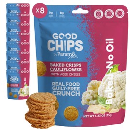 Baked Cauliflower & Aged Cheese Crisps by GOOD CHIPS! Oil-Free, High Protein, Guilt-Free Healthy Snack - 1.23 oz bags - Pack of 8