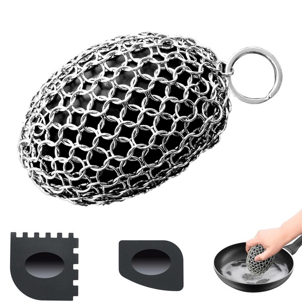 Chainmail Scrubber,Ergonomic Rugby Shape Desigs Cast Iron Cleaner Scrubber for