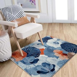 2x3 Entryway Rug Boho Navy Blue Orange Botanical Leaf Floral Area Rug Thin Soft Small Carpet Bathroom Non Slip Indoor Entrance Low Pile Door Mat Kitchen Stain Resistant Washable Machine