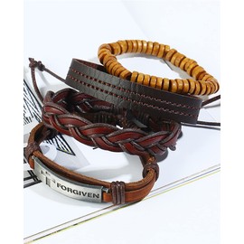 Kim Carrey Multilayer Genuine Leather Mens Bracelet，Braided Vintage Ethnic Wrap Wristbands，Woven Cuff Leather Bracelet for Men (Forgiven)