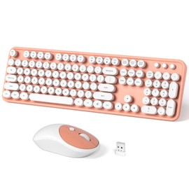 Wireless Keyboard and Mouse Combo, MOWUX Full Size Typewriter Retro Round Computer Keyboard, Mouse Wireless, Plug and Play, for Laptop, PC, Computer- Orange