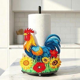 Whaline Rooster Sunflower Paper Towel Holder Vintage Rooster Floral Large Metal Towel Holder Stand for Farmhouse Home Party Kitchen Bathroom Countertop Decor Accessories