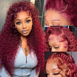 ANDRIA 13x4 HD Transparent Lace Front Wigs 26 Inch Wine Red Deep Wave with Baby Hair Pre-Plucked Glueless Burgundy 200% Density Natural Color Long Deep Curly Wigs For Black Woman