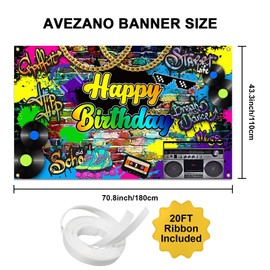 Avezano Hip Hop Birthday Party Backdrop Throwback Retro Music Bday Banner Decor Graffiti 80's 90's Birthday Party Background (70.8x43.3inch)