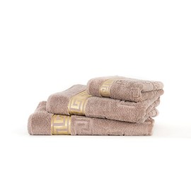 Luxury Medusa Guest Towels 30 x 50 cm in Pack of 4 - Finest Cotton / High Pile Terry Cloth with Medusa Flat Embossing and Golden Medusa Border (Sahara / Beige / Light Brown, Pack of 4 Guest Towels 30