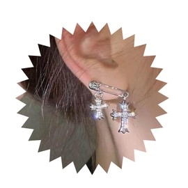 Inilbran Boho Crystal Cross Dangle Earrings Vintage Safety Pin Stud Earrings Silver Religious Cross Drop Earrings Punk Pin Cross Statement Earrings Jewellery for Women and Girls, Zinc