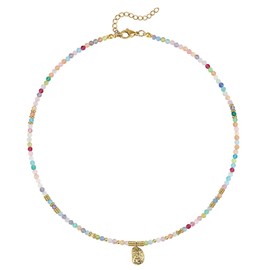 KissYan Beaded Choker Necklace for Women, Coloful Boho Bead Gemstone Chain 14K Gold Plated Healing Natural Stone Pendant Summer Beach Jewelry Gift(rainbow)