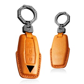 HIBEYO for Mitsubishi 2023 Key Fob Cover Smart Remote Auto Key Cover for Mitsubishi Outlander 2022 2023 Accessories with Keychians 3 Button Leather Key Case Shell -Brown