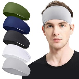 VARKAGE Pack of 5 Men's Sports Headbands, Sweatband Headband, Non-Slip Headband for Cycling, Fitness, Tennis, Running, Yoga, Hiking