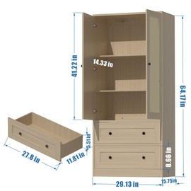 DIYART Rattan Oak Kitchen Pantry Cabinet, 64.2" Tall Storage With Doors and Drawers, Freestanding Wooden Cabinet for Dining Room