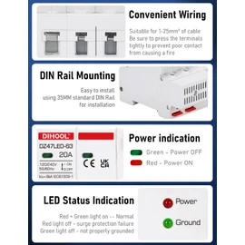 DIHOOL Ground Fault Circuit Breaker with Voltage Surge Arrester Protection, 20 Amp AC 120V-240V, DIN Rail Mount Residual Current Circuit Breaker 20A