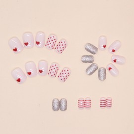 24Pcs Valentines Press on Nails Short Square Petite Pink Heart Fake Nails Valentines Day Nails with Glitter Design Cute Wave Point Full Cover Short False Nails for Women Acrylic Manicure Salon