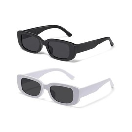 2 Pairs Y2K Rectangle Black White Sunglasses for Women Men, Trendy Retro 90s Oversized Fashion Square Frame Sunglasses, Unique Chic Stylish Shades Cute Design for Y2K Outfits Accessories - Color: Black + White