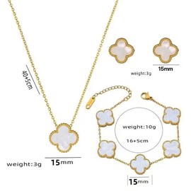 Classic Lucky Jewelry Set, Bracelet, Earrings, Necklace Three-Piece Set 18K Non-Fading Four-Leaf Clover Set:_White