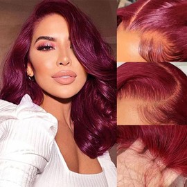 RMOARIWR 99J Burgundy Bob Wig Human Hair 180% Density 13x4 HD Transparent Lace Front Body Wave Wigs Human Hair Pre Plucked Short Bob Glueless Wigs Human Hair for Women 14 Inch