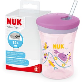NUK Action Cup Drinking Cups for Children in Practical Double Pack | 12+ Months | 230 ml | Twist Lid with Soft Straw | Leak-Proof | BPA-Free | Purple Crab | Pack of 2