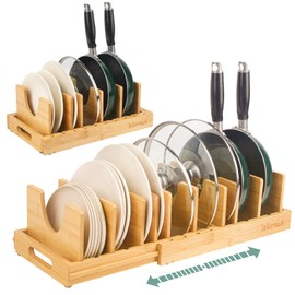 Wisreach Bamboo Pot Lid Organizer, Adjustable Kitchen Organizer for Cabinet, Expandable Pot and Pan Storage Rack, Kitchen Organization for Lids, Bakeware, and Cutting Boards